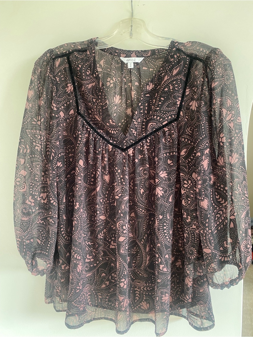 Reitmans Black Sheer Blouse with Pink Paisley Motif
